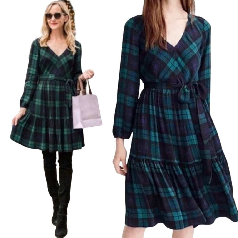 J Crew Tartan Plaid Dress Fit & Flare Tie Belted Mini Black Watch Green Womens 0